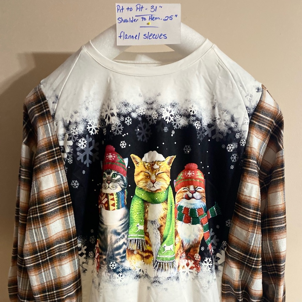Christmas Cat Print Plaid Sleeve Sweatshirt size XL